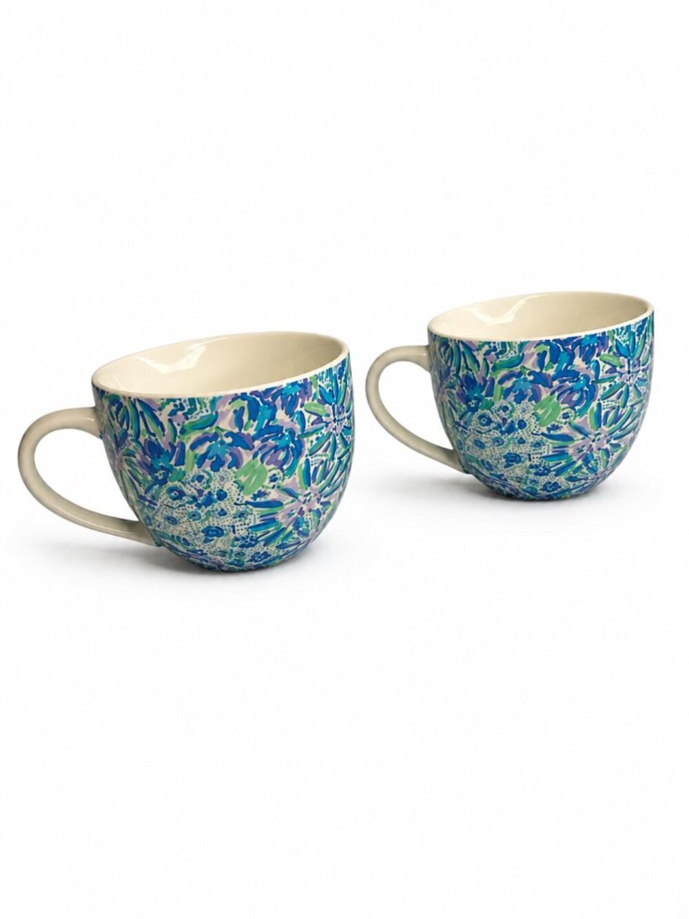 Set of 2 Lilly Pulitzer Ceramic Coffee Mugs Blue Floral Print Tea Cups
